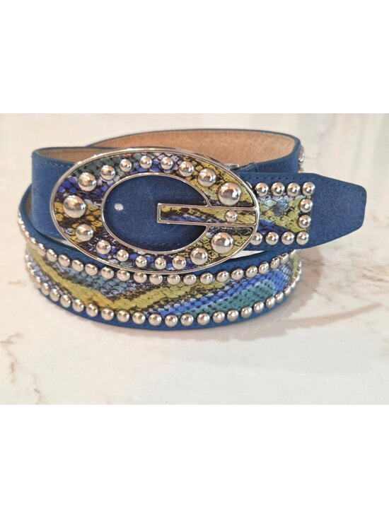 GUESS Vintage Y2K Sz M Blue Green Snakeskin Studded Leather Belt G Logo Buckle